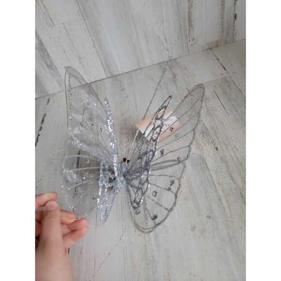 Large silver glitter butterfly clip-on ornament Xmas spring - Picture 2 of 10